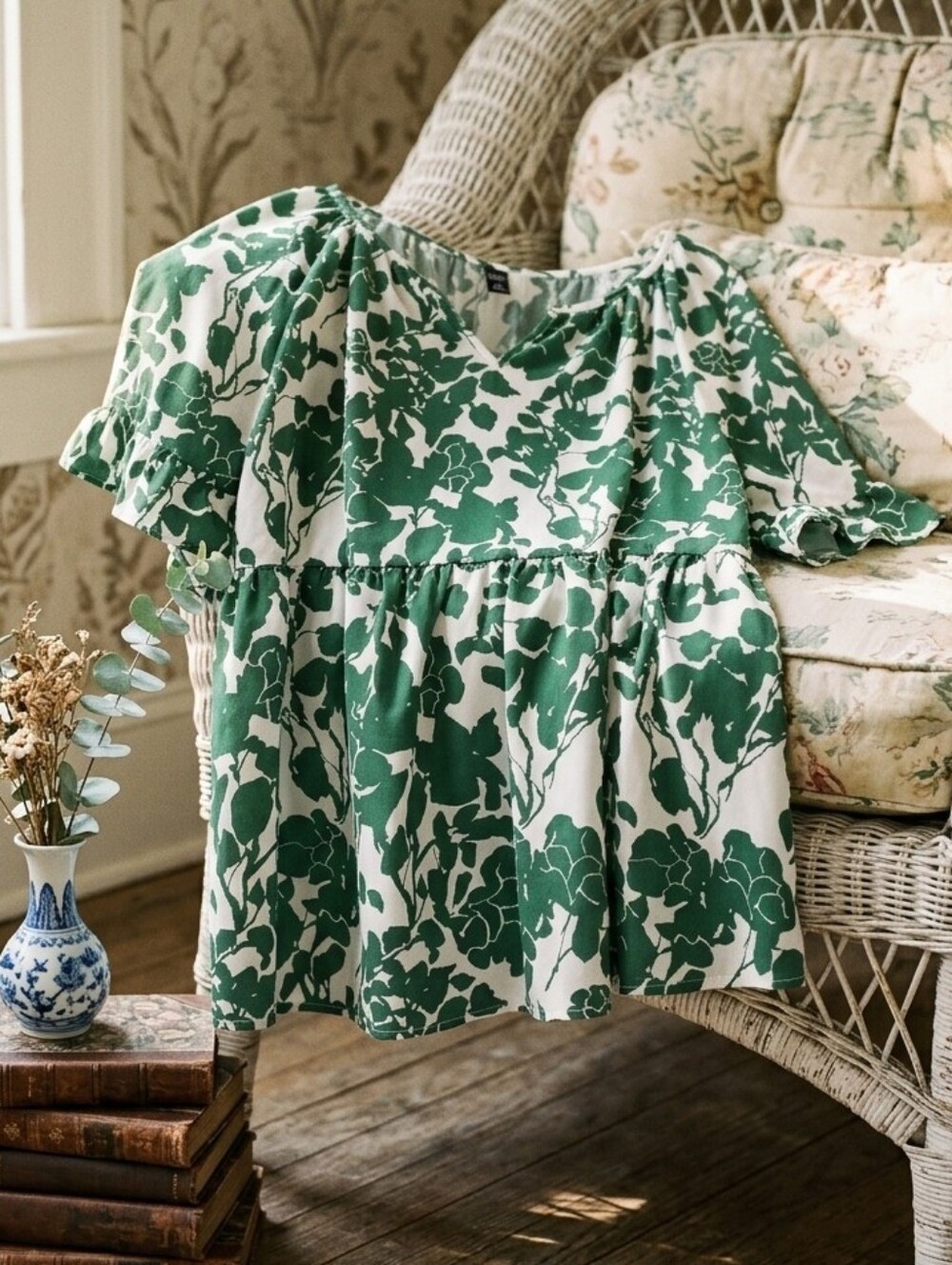 EMERY ROSE 2XLPotter Green Floral Peasant Cottagecore Tunic Blouse Top Boho Chic